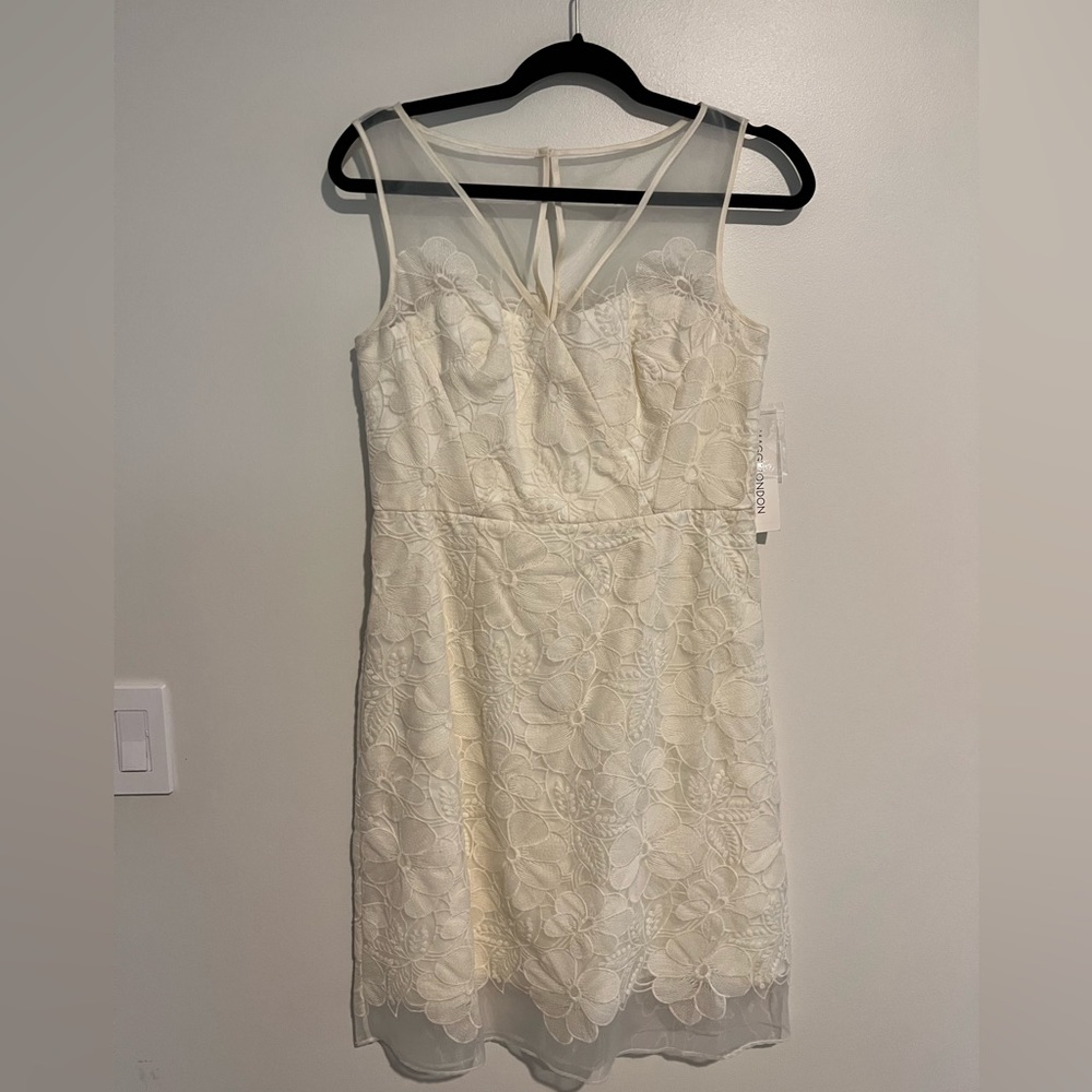 NWT Maggie London White Cream Embroidered Floral Illusion Dress Size 8